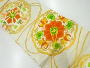 鏡裏に花鳥模様織出し袋帯